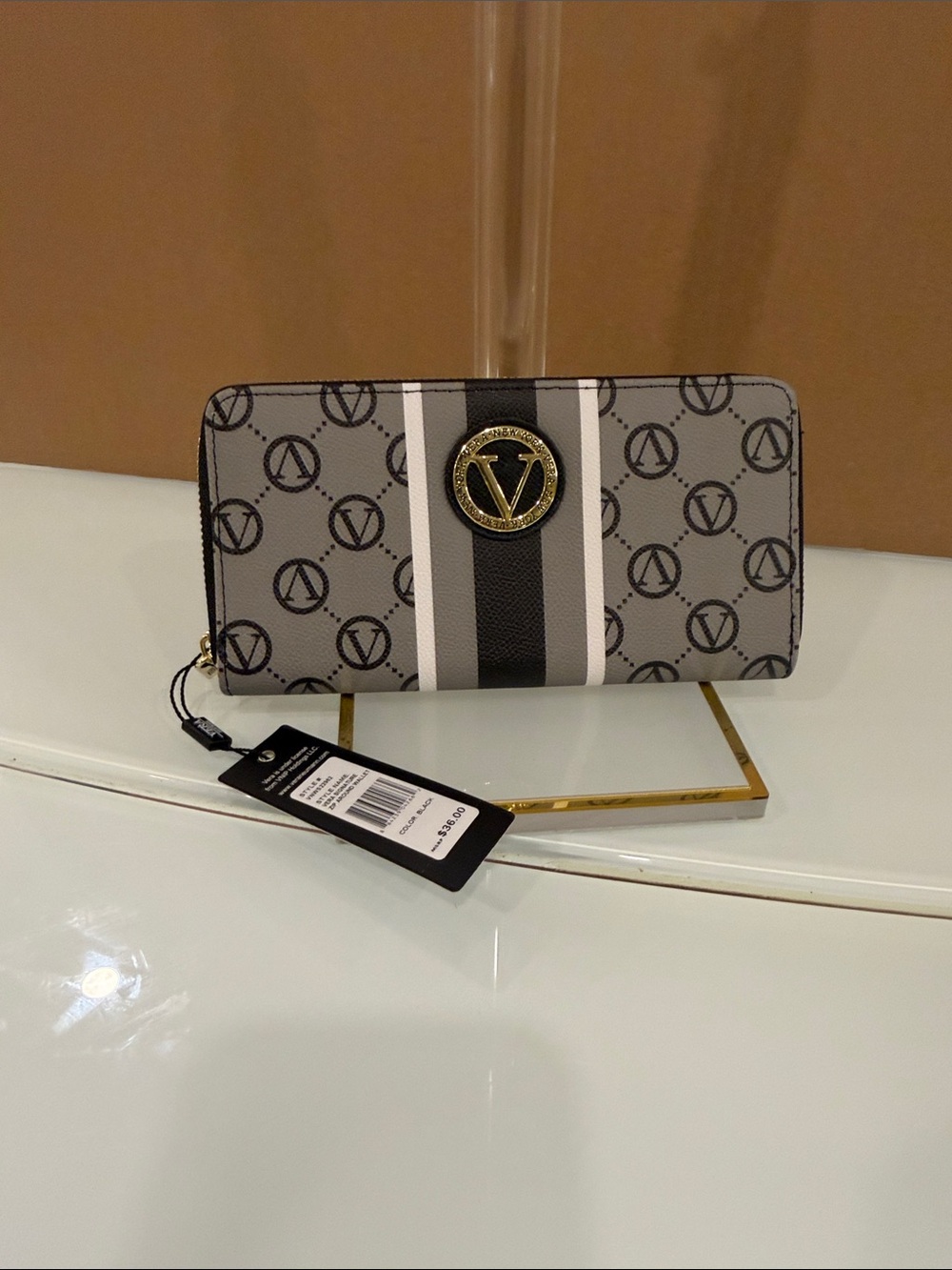 Designer-Inspired Gray Monogram Zip Wallet with Gold Emblem